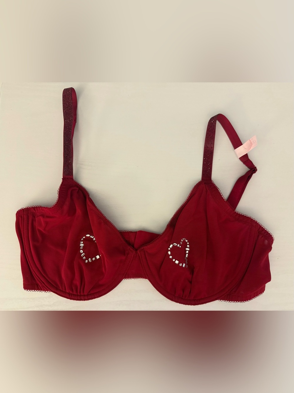 Victoria's Secret Red Underwire Bra with Heart Rhinestone Accents